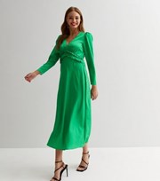 New Look Green Satin V Neck Long Sleeve Frill Detail Midi Dress